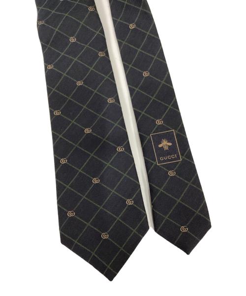 GUCCI（グッチ）GUCCI (グッチ) ダブルG＆チェック シルクジャガード ネクタイ ネイビー サイズ:表記なしの古着・服飾アイテム