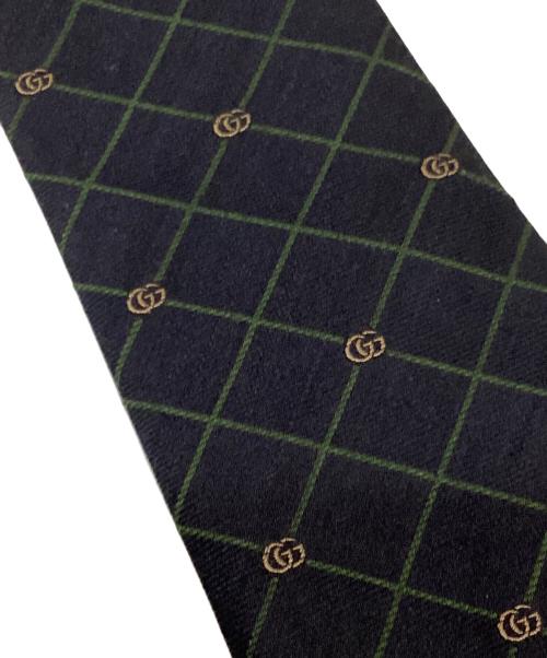 GUCCI（グッチ）GUCCI (グッチ) ダブルG＆チェック シルクジャガード ネクタイ ネイビー サイズ:表記なしの古着・服飾アイテム