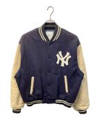 MLBエムエルビー）の古着「レザー切替スタジャン」｜ネイビー×ベージュ