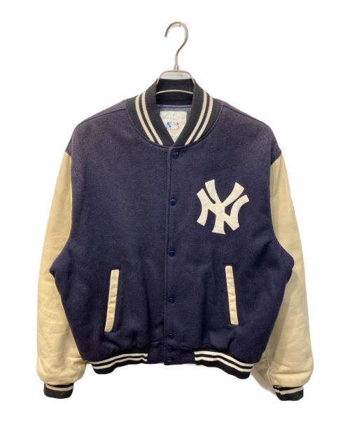 MLB（エムエルビー）MLB (エムエルビー) レザー切替スタジャン ネイビー×ベージュ サイズ:Mの古着・服飾アイテム
