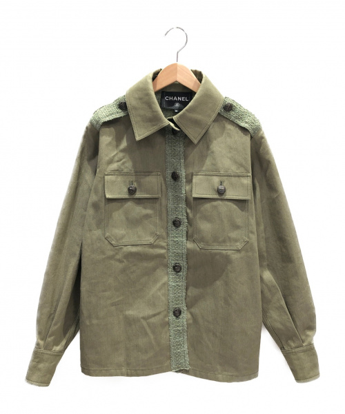 CHANEL（シャネル）CHANEL (シャネル) ツイードコンビミリタリージャケット オリーブ サイズ:34 CUBA COCO COLLECTIONの古着・服飾アイテム