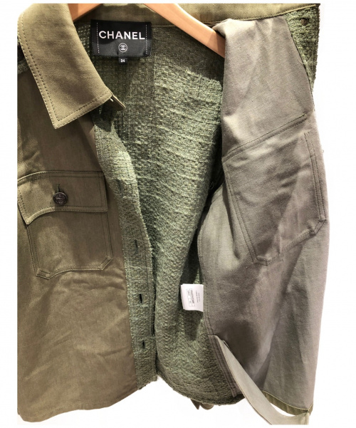 CHANEL（シャネル）CHANEL (シャネル) ツイードコンビミリタリージャケット オリーブ サイズ:34 CUBA COCO COLLECTIONの古着・服飾アイテム