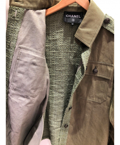 CHANEL（シャネル）CHANEL (シャネル) ツイードコンビミリタリージャケット オリーブ サイズ:34 CUBA COCO COLLECTIONの古着・服飾アイテム