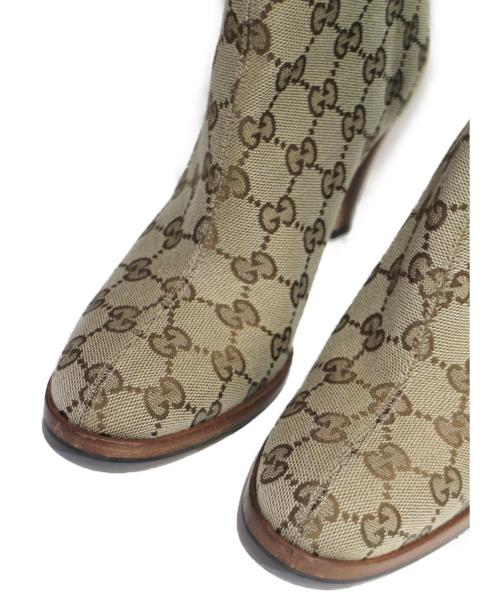 GUCCI（グッチ）GUCCI (グッチ) GGキャンバスミッドヒールブーツ ベージュ サイズ:35 1/2の古着・服飾アイテム