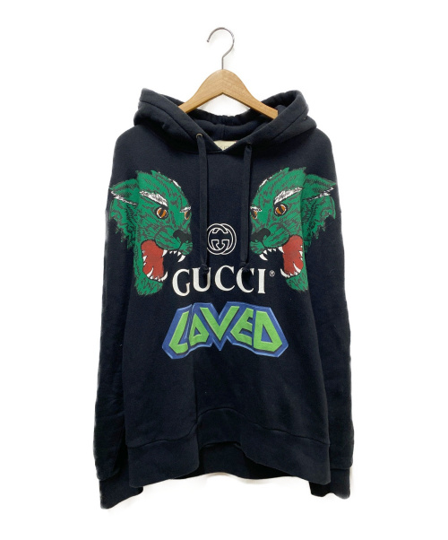 GUCCI（グッチ）GUCCI (グッチ) タイガープリントプルオーバーパーカー ブラック サイズ:М 18AWの古着・服飾アイテム