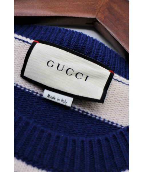 GUCCI（グッチ）GUCCI (グッチ) タイガーヘッドストライプセーター ブルー×ホワイト サイズ:Mの古着・服飾アイテム