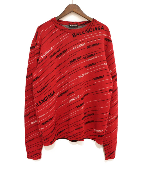 BALENCIAGA（バレンシアガ）BALENCIAGA (バレンシアガ) ダイアゴナルロゴ総柄ニット レッド サイズ:Sの古着・服飾アイテム