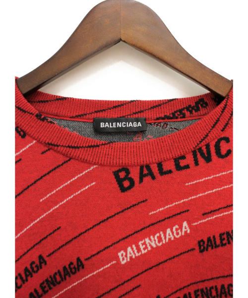 BALENCIAGA（バレンシアガ）BALENCIAGA (バレンシアガ) ダイアゴナルロゴ総柄ニット レッド サイズ:Sの古着・服飾アイテム