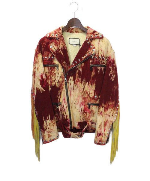 GUCCI（グッチ）GUCCI (グッチ) タイダイフリンジダブルライダースジャケット レッド×アイボリー サイズ:Mの古着・服飾アイテム
