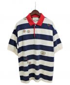 GUCCIグッチ）の古着「エンブロイダリー付ボーダーポロシャツ」｜ブルー×ホワイト