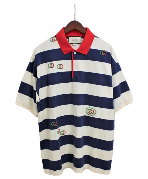 GUCCI（グッチ）GUCCI (グッチ) エンブロイダリー付ボーダーポロシャツ ブルー×ホワイト サイズ:XLの古着・服飾アイテム