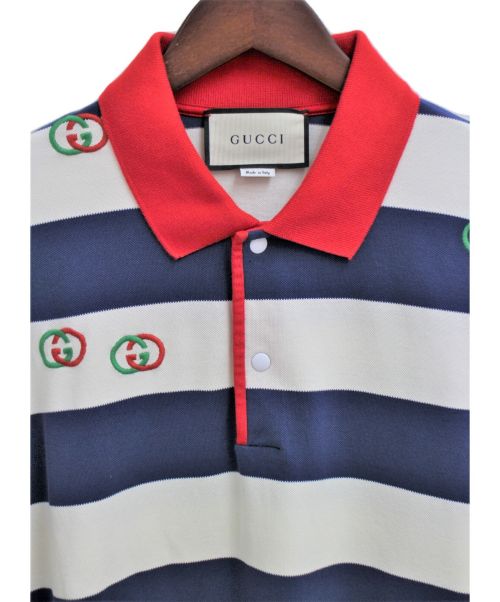 GUCCI（グッチ）GUCCI (グッチ) エンブロイダリー付ボーダーポロシャツ ブルー×ホワイト サイズ:XLの古着・服飾アイテム
