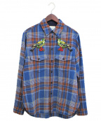 GUCCIグッチ）の古着「バードエンブロイダリーシャツ」｜ブルー×ブラウン