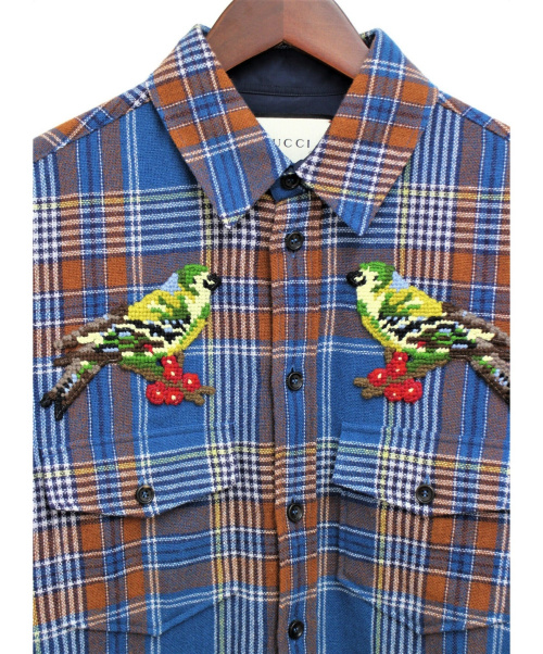 GUCCI（グッチ）GUCCI (グッチ) バードエンブロイダリーシャツ ブルー×ブラウン サイズ:38/15の古着・服飾アイテム