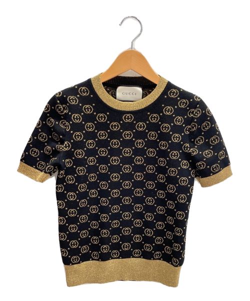 GUCCI（グッチ）GUCCI (グッチ) GGパターンウール半袖ニット ブラック×ゴールド サイズ:XXSの古着・服飾アイテム