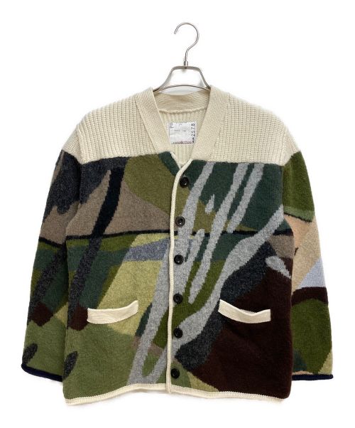 sacai（サカイ）sacai (サカイ) ジャガードニットカーディガン ホワイト×オリーブ サイズ:1の古着・服飾アイテム