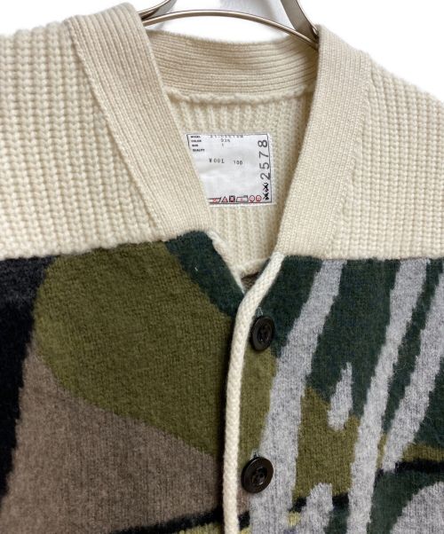 sacai（サカイ）sacai (サカイ) ジャガードニットカーディガン ホワイト×オリーブ サイズ:1の古着・服飾アイテム