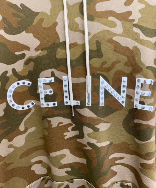 CELINE（セリーヌ）CELINE (セリーヌ) 22SSスタッズ付き CELINE フーディ / コットンフリース ブラウン×オリーブ サイズ:Sの古着・服飾アイテム