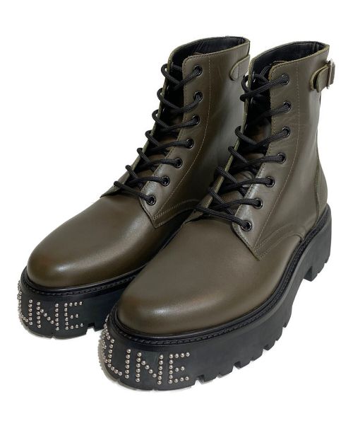 CELINE（セリーヌ）CELINE (セリーヌ) 22AW バルキー レースアップブーツ スタッズ付きアウトソール / シャイニーブル ブラウン サイズ:42の古着・服飾アイテム