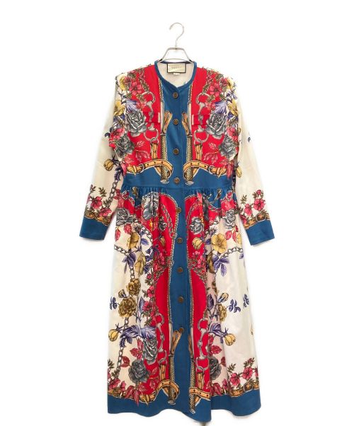 GUCCI（グッチ）GUCCI (グッチ) プリントロングドレスワンピース ブルー×レッド サイズ:42の古着・服飾アイテム