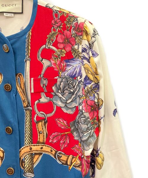 GUCCI（グッチ）GUCCI (グッチ) プリントロングドレスワンピース ブルー×レッド サイズ:42の古着・服飾アイテム