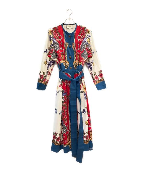 GUCCI（グッチ）GUCCI (グッチ) プリントロングドレスワンピース ブルー×レッド サイズ:42の古着・服飾アイテム