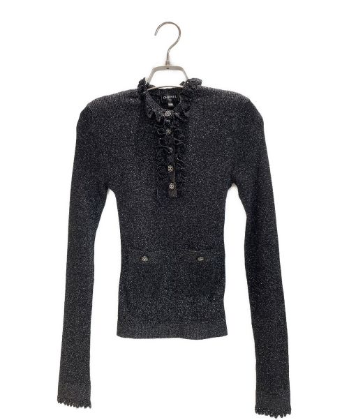 CHANEL（シャネル）CHANEL (シャネル) ココマークボタンフリルラメニット ブラック サイズ:34の古着・服飾アイテム