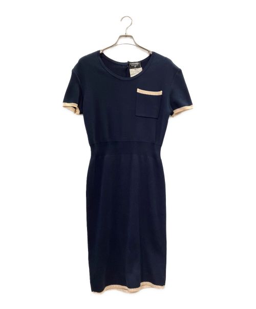 CHANEL（シャネル）CHANEL (シャネル) バックボタンニットワンピース ネイビー×ベージュ サイズ:38の古着・服飾アイテム