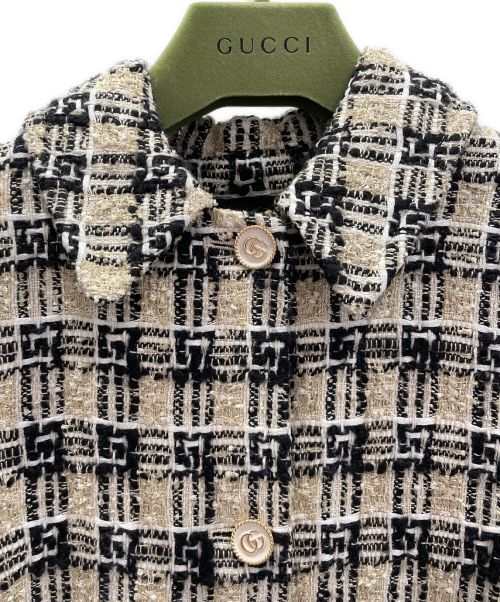 GUCCI（グッチ）GUCCI (グッチ) スクエアGチェックツイードコート ブラック×ベージュ サイズ:36の古着・服飾アイテム