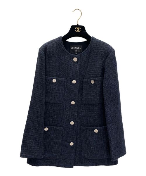 CHANEL（シャネル）CHANEL (シャネル) ノーカラーツイードジャケット ネイビー サイズ:34の古着・服飾アイテム