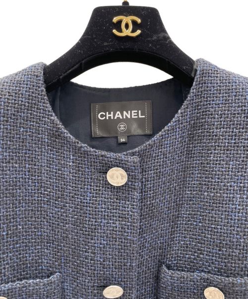 CHANEL（シャネル）CHANEL (シャネル) ノーカラーツイードジャケット ネイビー サイズ:34の古着・服飾アイテム