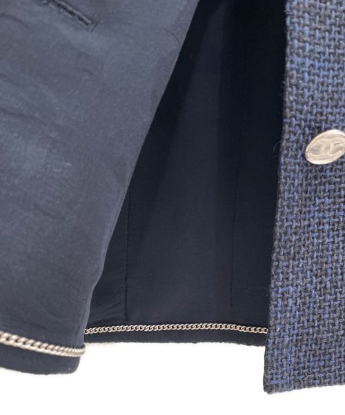 CHANEL（シャネル）CHANEL (シャネル) ノーカラーツイードジャケット ネイビー サイズ:34の古着・服飾アイテム