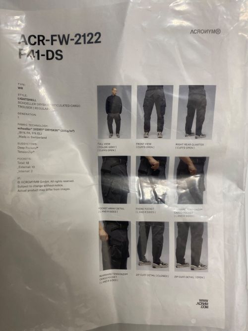ACRONYM（アクロニウム）ACRONYM (アクロニウム) SCHOELLER DRYSKIN ARTICULATED CARGO  TROUSER PANTS GRAY サイズ:Lの古着・服飾アイテム