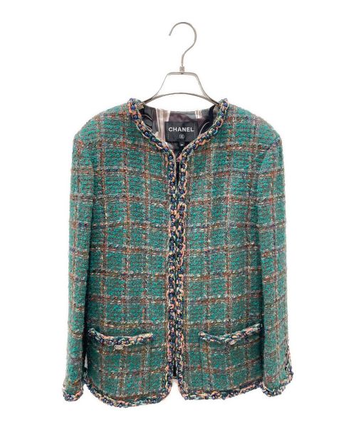 CHANEL（シャネル）CHANEL (シャネル) ノーカラーツイードジャケット グリーン サイズ:34の古着・服飾アイテム