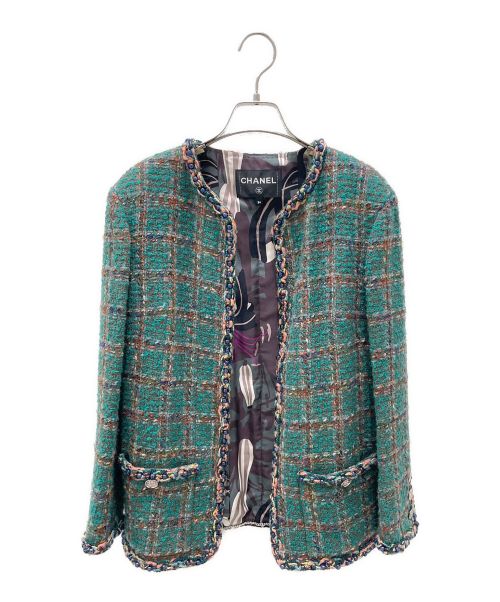 CHANEL（シャネル）CHANEL (シャネル) ノーカラーツイードジャケット グリーン サイズ:34の古着・服飾アイテム