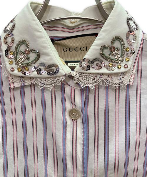 GUCCI（グッチ）GUCCI (グッチ) 22SS ビジューカラー ストライプ シャツワンピース ピンク×ブルー サイズ:38の古着・服飾アイテム