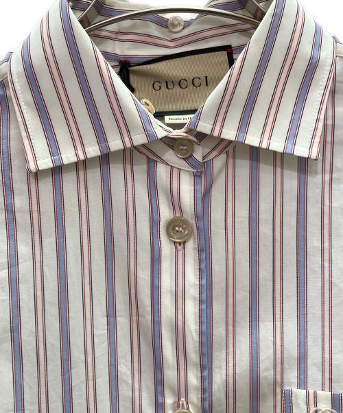 GUCCI（グッチ）GUCCI (グッチ) 22SS ビジューカラー ストライプ シャツワンピース ピンク×ブルー サイズ:38の古着・服飾アイテム