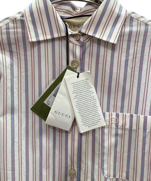 GUCCI（グッチ）GUCCI (グッチ) 22SS ビジューカラー ストライプ シャツワンピース ピンク×ブルー サイズ:38の古着・服飾アイテム