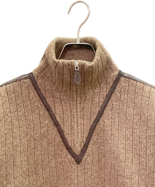 HERMES（エルメス）HERMES (エルメス) Vレザー トリミング ハーフジップニット ブラウン サイズ:Sの古着・服飾アイテム