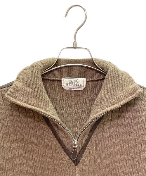 HERMES（エルメス）HERMES (エルメス) Vレザー トリミング ハーフジップニット ブラウン サイズ:Sの古着・服飾アイテム