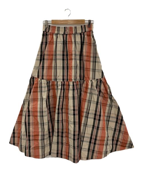 CADUNE（カデュネ）CADUNE (カデュネ) ギャザーチェックロングスカート ベージュ×ブラック サイズ:38の古着・服飾アイテム