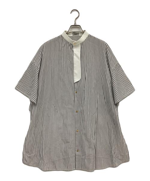THE RERACS（ザ リラクス）THE RERACS (ザ リラクス) バンドカラーストライプシャツ ホワイト×ブラック サイズ:FREEの古着・服飾アイテム