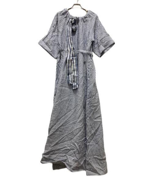BLUEBIRD BOULEVARD（ブルーバードブルバード）BLUEBIRD BOULEVARD (ブルーバードブルバード) Stripe Washed Linen Gathered Dress ネイビー サイズ:Mの古着・服飾アイテム