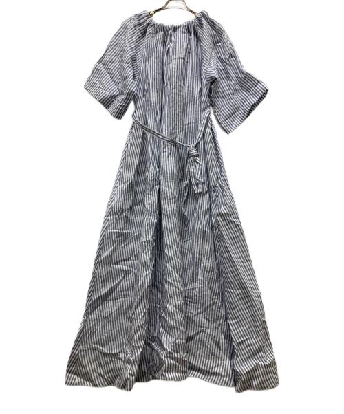 BLUEBIRD BOULEVARD（ブルーバードブルバード）BLUEBIRD BOULEVARD (ブルーバードブルバード) Stripe Washed Linen Gathered Dress ネイビー サイズ:Mの古着・服飾アイテム