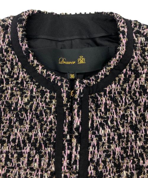 DRAWER（ドゥロワー）DRAWER (ドゥロワー) WINTER1 ツイード ノーカラージャケット ピンク×ブラック サイズ:36の古着・服飾アイテム