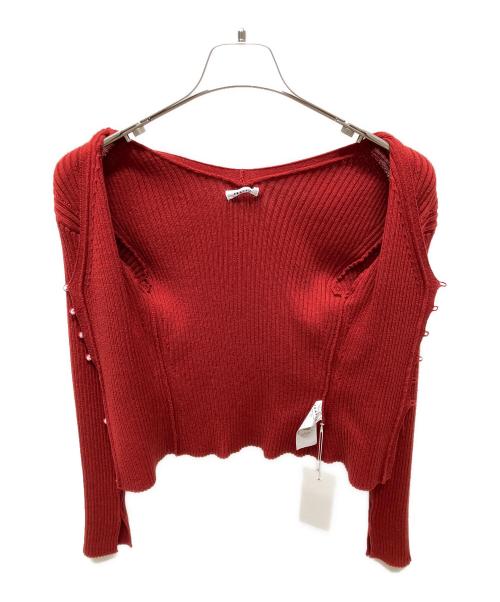 FRAY ID（フレイ アイディー）FRAY ID (フレイ アイディー) チュールプリーツスカートコンビリブニットワンピース レッドの古着・服飾アイテム