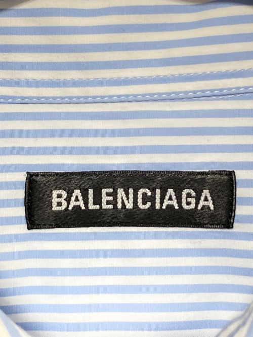 BALENCIAGA（バレンシアガ）BALENCIAGA (バレンシアガ) ダブルスリーブ ロゴ刺繍 オーバーサイズ ストライプシャツ ブルー×ホワイト サイズ:38の古着・服飾アイテム