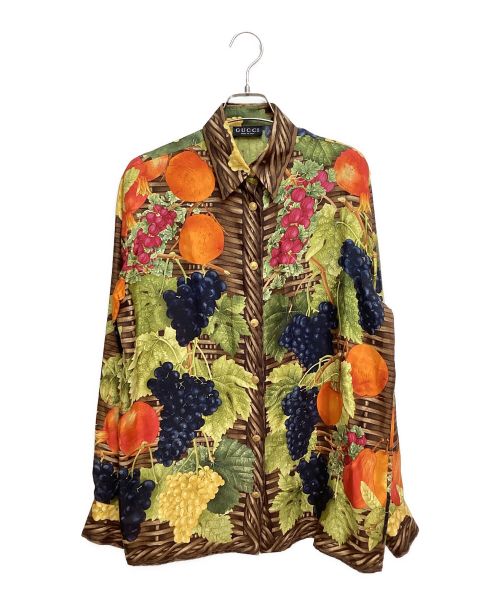 GUCCI（グッチ）GUCCI (グッチ) フルーツ総柄シルクシャツ ブラウン サイズ:40の古着・服飾アイテム