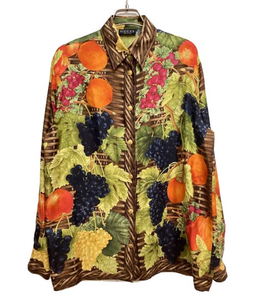 GUCCI（グッチ）GUCCI (グッチ) フルーツ総柄シルクシャツ ブラウン サイズ:40の古着・服飾アイテム