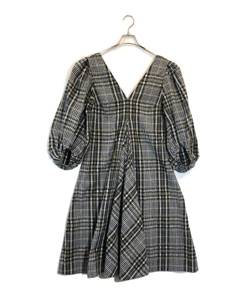 GANNI（ガニー）GANNI (ガニー) Vネックバルーンスリーブチェックワンピース オリーブ サイズ:SIZE 34の古着・服飾アイテム
